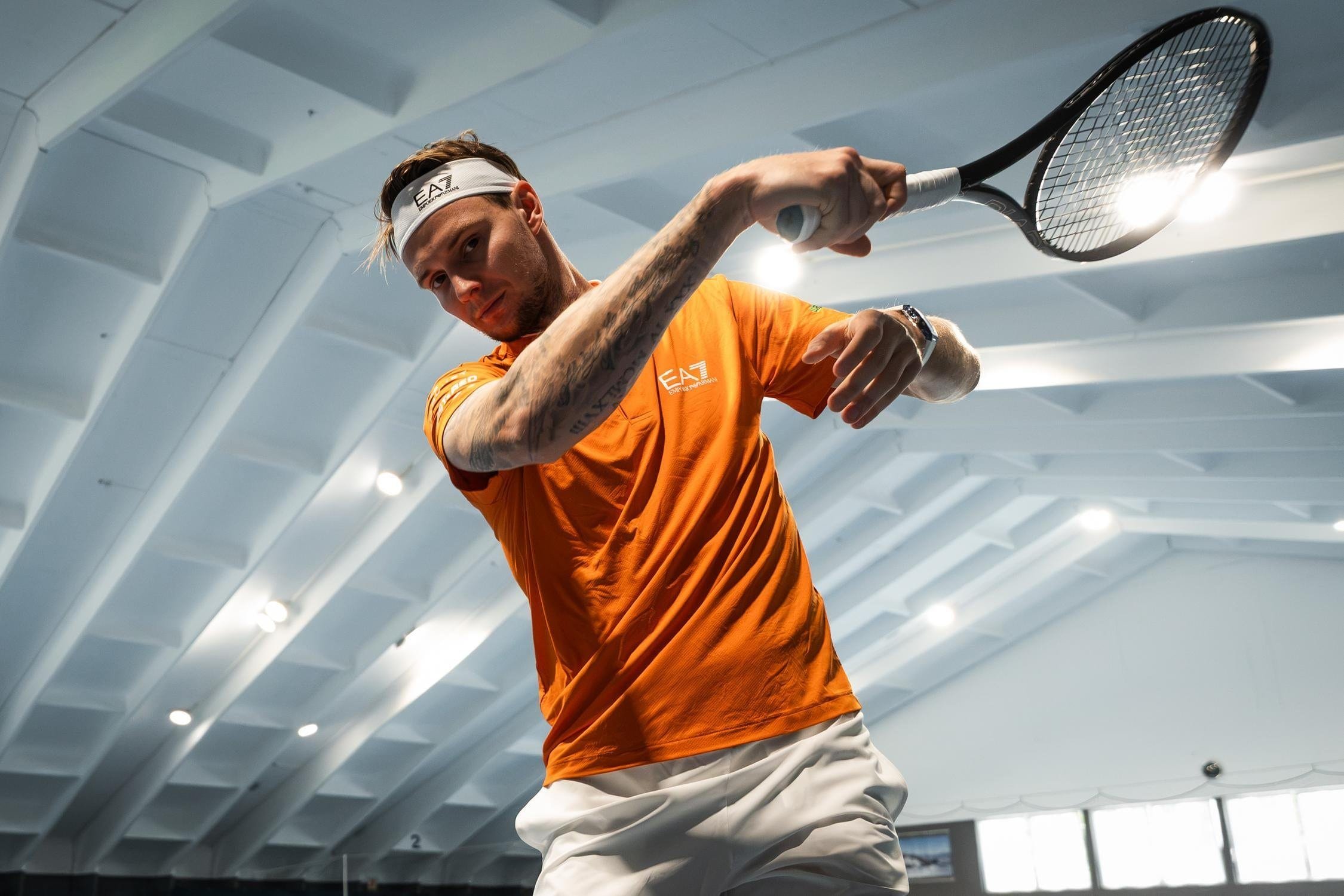 Alexander Bublik hitting a backhand with his Project Bublik racket
